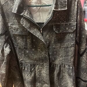 New boutique, Jean, black stonewash denim with lace trims zip up shirt